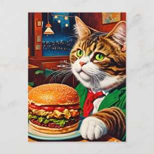 Carte Postale Chat adorable à un dîner Vintage Cheeseburger