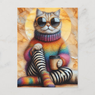 Carte Postale Chat Adorable Avec Café