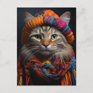 Carte Postale Chat adorable avec une écharpe et un chapeau