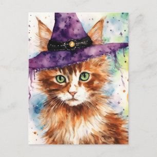 Carte Postale Chat adorable dans un chapeau de sorcière aquarell