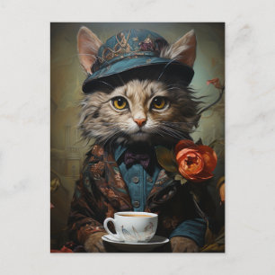 Carte Postale Chat adorable en costume avec café