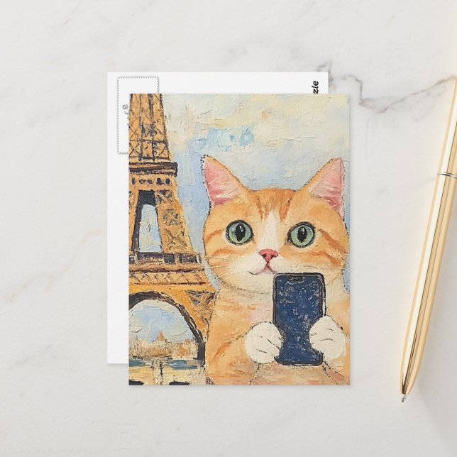 Carte Postale Chat adorable prenant un selfie à Paris (Devant/Arrière en situation)