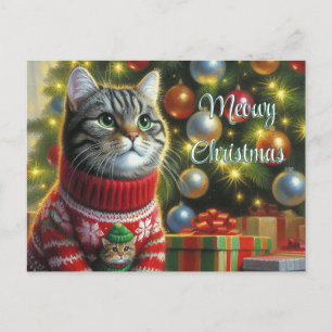 Carte Postale Chat Amoureux des chats mignon par sapin de Noël