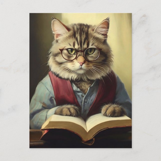 Carte Postale chat anthropomorphe lecture d'un livre (Devant)