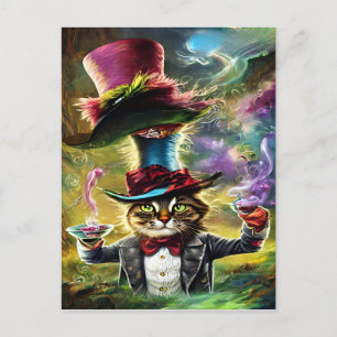 Carte Postale Chat anthropomorphique Mad Hatter Imaginaire Fairy