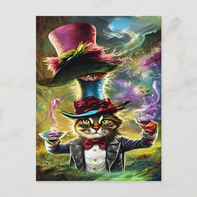 Carte Postale Chat anthropomorphique Mad Hatter Imaginaire Fairy (Devant)