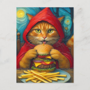 Carte Postale Chat au gingembre avec Cheeseburger et Fries