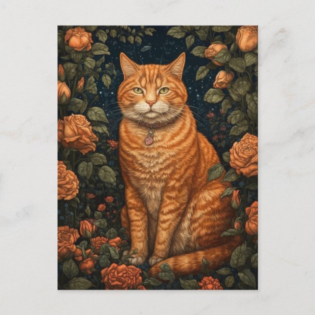 Carte Postale Chat au gingembre dans les fleurs (Devant)