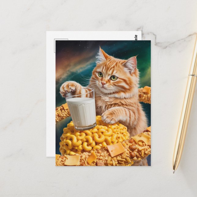 Carte Postale Chat au gingembre mignonne avec du lait dans l'esp (Devant/Arrière en situation)