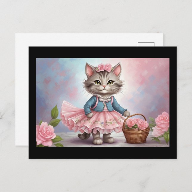 Carte Postale Chat aux fleurs roses en robe avec panier à fleurs (Devant / Derrière)