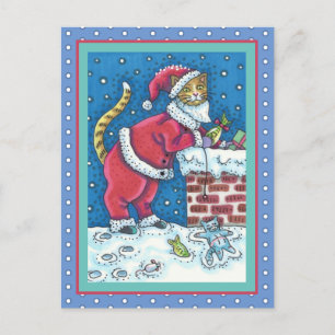 CARTE POSTALE CHAT AUX GRIFFES DU PÈRE NOËL SUR LE TOIT APPORTE 