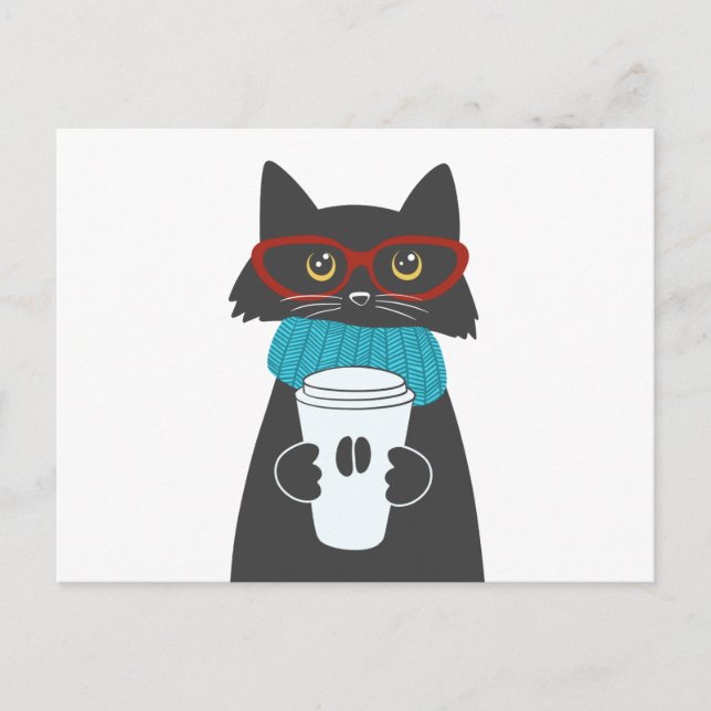 Carte Postale Chat aux lunettes tenant une tasse de café (Devant)