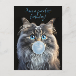 Carte Postale Chat aux yeux bleus soufflant un chewing-gum bleu