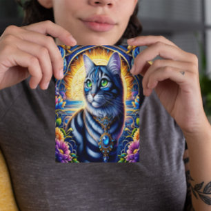 Carte Postale Chat avec bijoux dans un jardin d'imaginaires anim