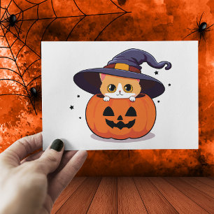 Carte Postale Chat avec chapeau de sorcière dans la citrouille d