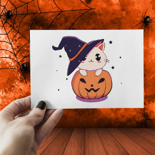 Carte Postale Chat avec chapeau de sorcière dans la citrouille d