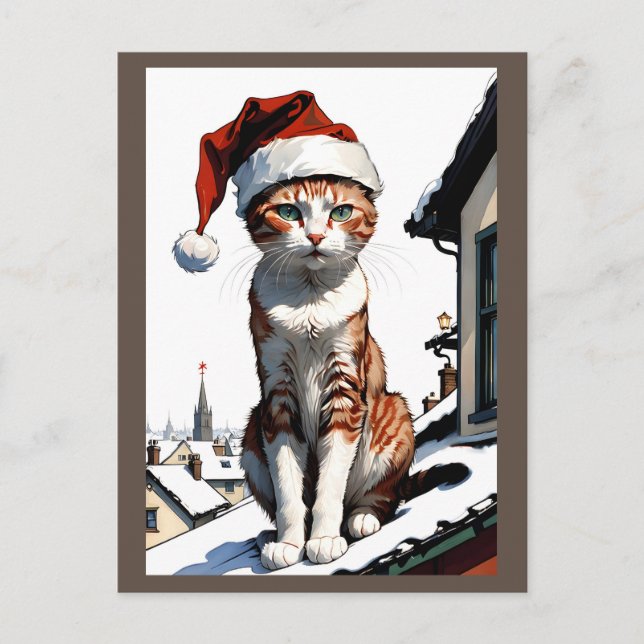 Carte Postale chat avec chapeau santa sur le toit (Devant)