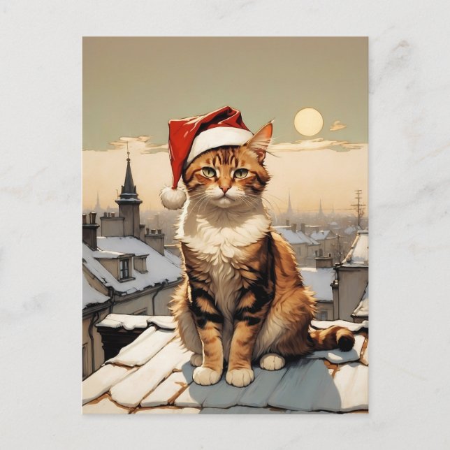 Carte Postale chat avec chapeau santa sur le toit (Devant)
