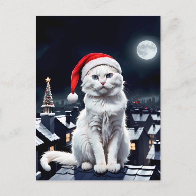 Carte Postale chat avec chapeau santa sur le toit (Devant)