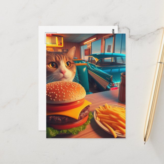 Carte Postale Chat avec Cheeseburger et Fries au Retro Diner (Devant/Arrière en situation)