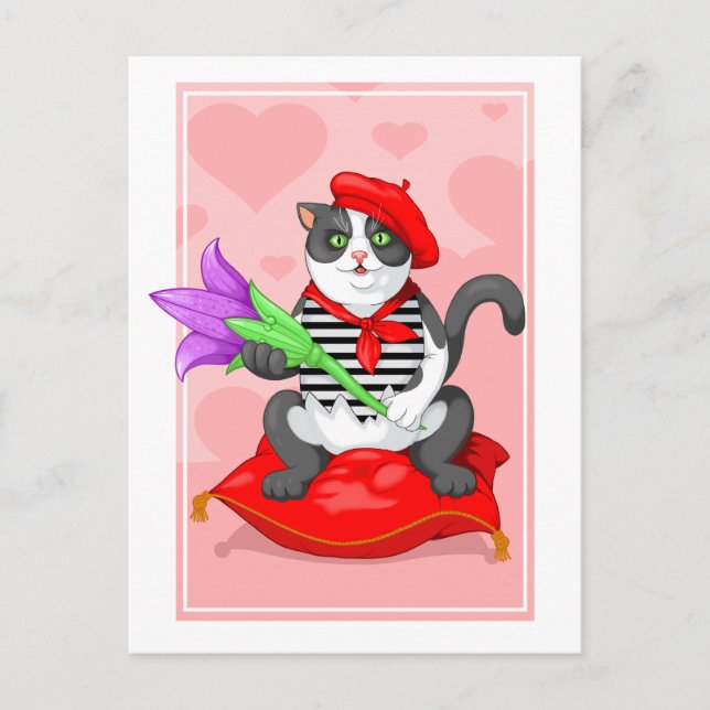 Carte Postale chat avec fleur (Devant)