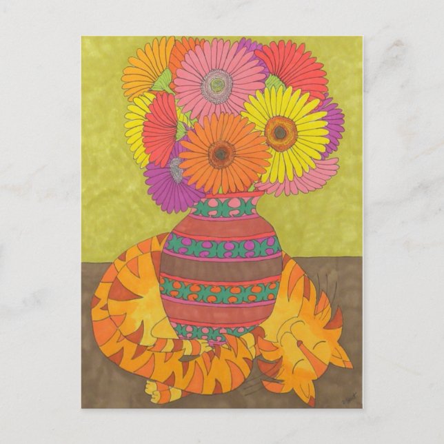 Carte Postale Chat avec Gerbera Daisies en Talavera Vase (Devant)