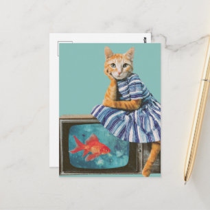 Carte Postale Chat avec poisson rouge à la télévision Collage Ré