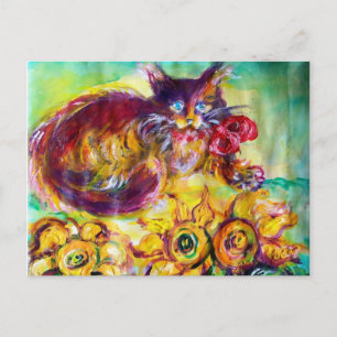 CARTE POSTALE CHAT AVEC RIBBON ROUGE ET SOUFFRES