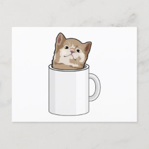 Carte Postale Chat avec tasse de café
