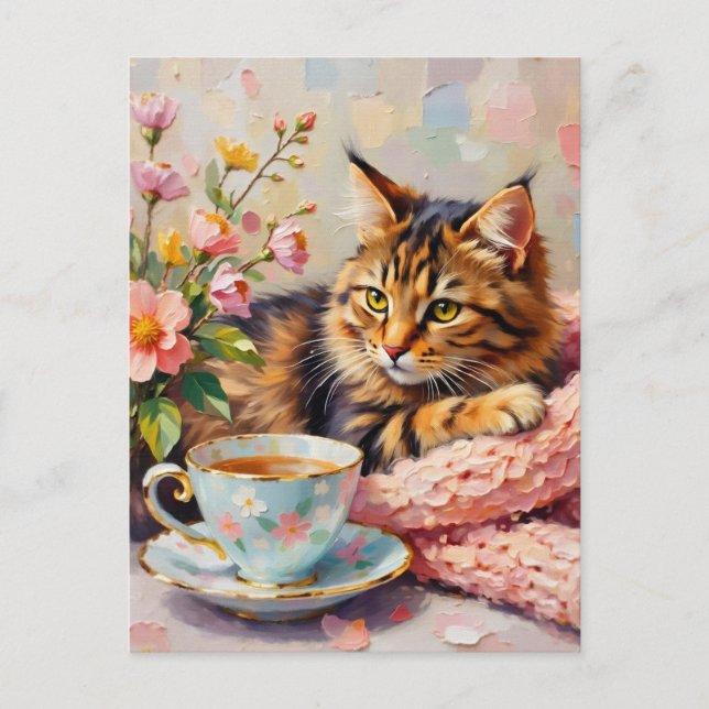 Carte Postale Chat avec Tea Cup (Devant)