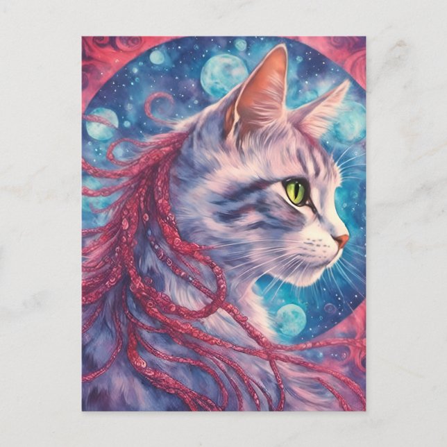 Carte Postale Chat avec tresses longues roses (Devant)
