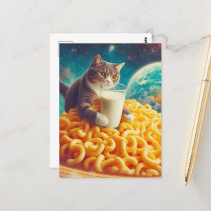 Carte Postale Chat avec un verre de lait sur une planète Pâtes a