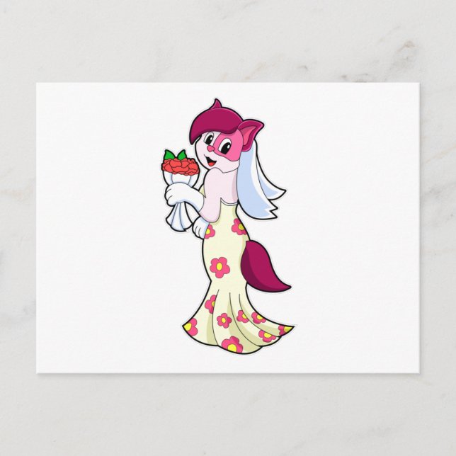 Carte Postale Chat avec une robe de mariée et bouquet de fleurs (Devant)