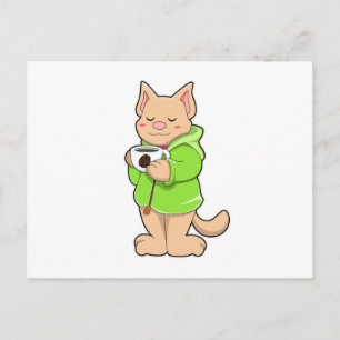 Carte Postale Chat avec une tasse de café et pyjama