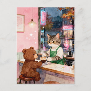 Carte Postale Chat Barista Tacheté au Style Aquarelle Servant un