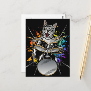 Carte Postale Chat batteur jouant de la batterie