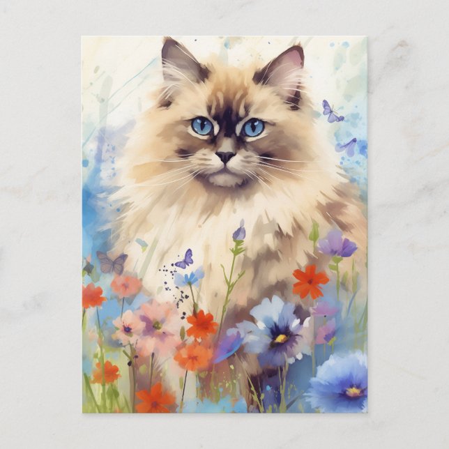 Carte Postale Chat Birman entouré de fleurs (Devant)