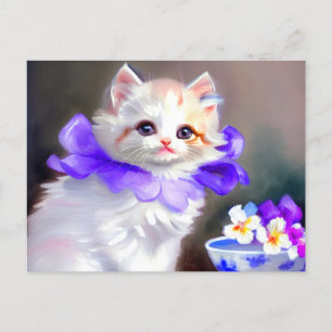 Carte Postale Chat blanc avec collier de fleurs violettes