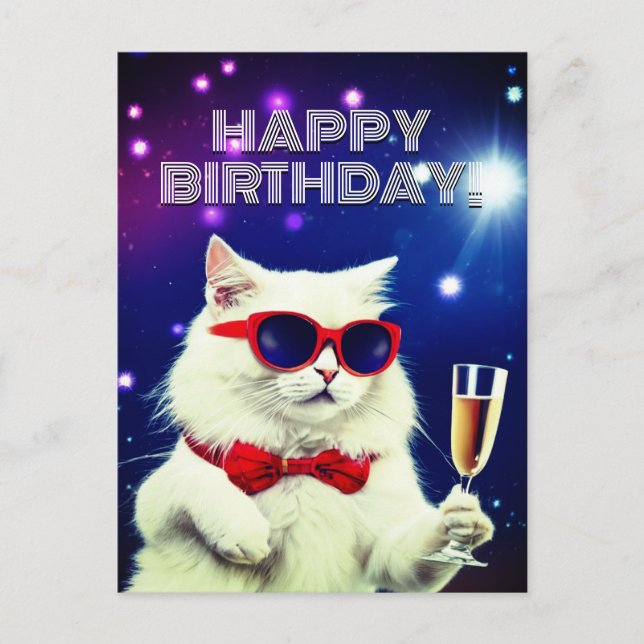 Carte Postale Chat blanc avec des lunettes de soleil pour célébr (Devant)