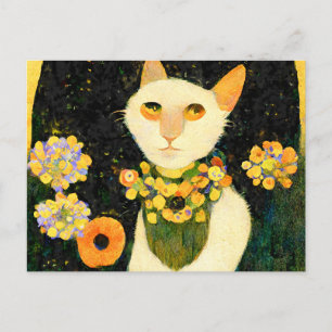 Carte Postale Chat blanc avec fleurs. Un style de jeunesse.