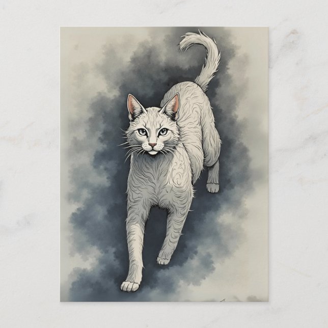 Carte Postale Chat blanc dans un style de dessin d'encre chinois (Devant)