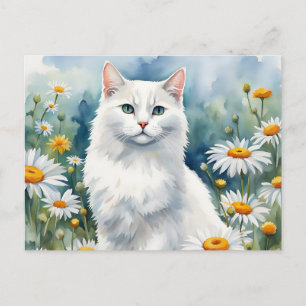 Carte Postale Chat Blanc Élégant Aquarelle avec Fleurs de Margue