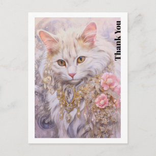 Carte Postale Chat Blanc Élégant en Or et Diamants Merci