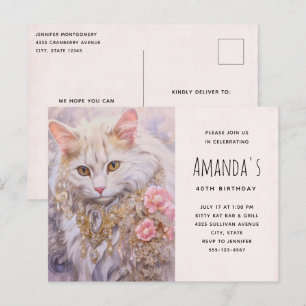Carte Postale Chat blanc en or et diamants Invitation Anniversai