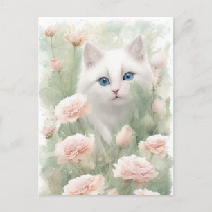 Carte Postale Chat blanc et fleurs roses