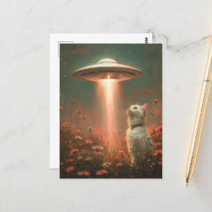 Carte Postale Chat blanc et un ovni