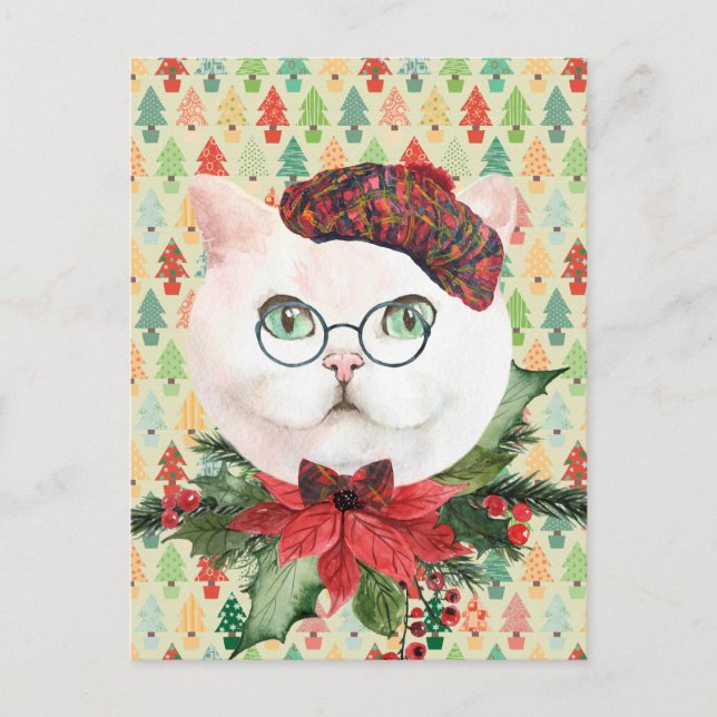 Carte Postale Chat blanc fantaisie et vacances Poinsettia (Devant)