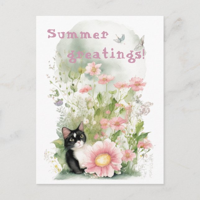 Carte Postale Chat blanc noir dans le jardin floral (Devant)