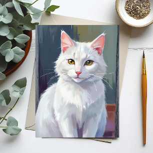 Carte Postale Chat Blanc   Peinture d'Animal de Compagnie Chat à