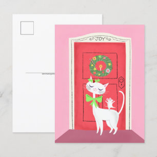 Carte postale Chat blanc rétro Noël et souris